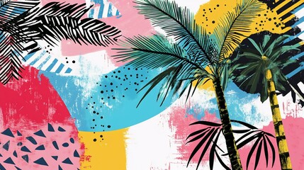 Vibrant abstract art with stylized palm trees and bold geometric shapes