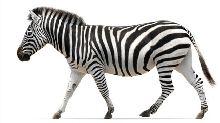 A zebra walking calmly, showcasing its distinguishing black and white stripes on a white background. Wildlife conservation concept.