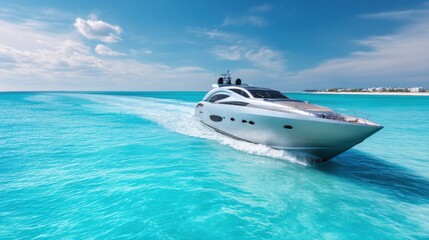 Luxury yacht sailing on clear turquoise ocean water with a white wake under a blue sky, concept of tropical travel and vacation activity.