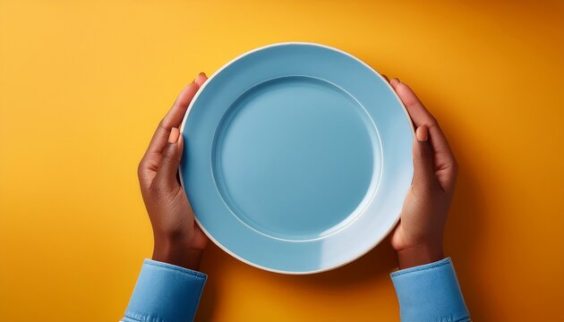 image of hands holding empty plate symbolizing food insecurity against vibrant backdrop