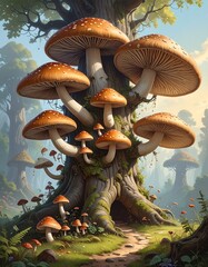 Giant mushrooms cluster around a mossy tree trunk in a sunlit forest