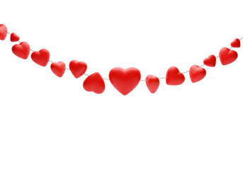 String of red hearts isolated on transparent background