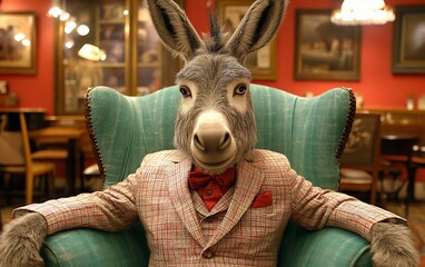 Anthropomorphic donkey in a suit and bow tie sits regally in an armchair