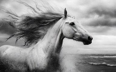 Majestic white horse galloping through stormy ocean spray, mane flowing wild