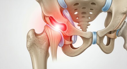 Obraz premium Detailed Medical Illustration of Hip Joint with Inflammation and Pain