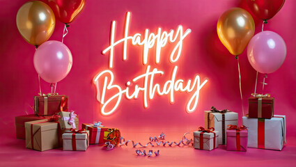 An elegant Happy Birthday greeting card featuring a refined floral arrangement intertwined with pastel balloons, captured in a bright, airy atmosphere. The composition showcases del
