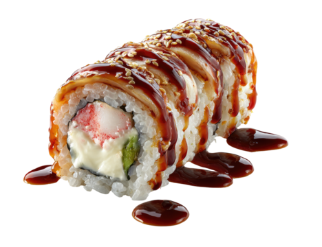 Close-up of a sushi roll, coated in a dark glaze, with visible fillings and sesame seeds
