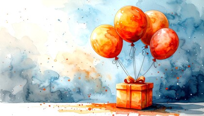 Gift with orange balloons, watercolor style
