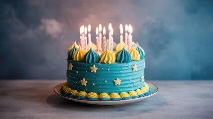 Festive birthday cake with lit candles and colorful icing celebrating a special occasion