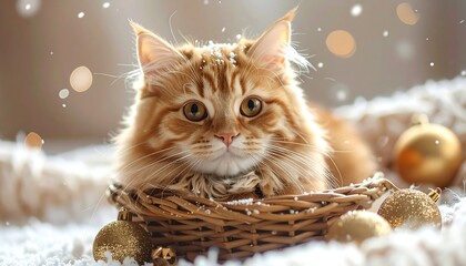 Ginger cat in a basket, snow, festive