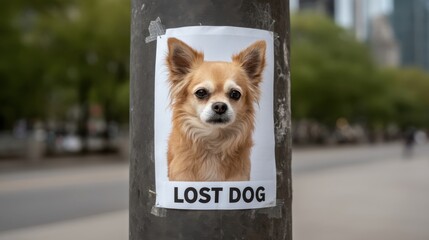 Emotional Lost Dog Poster Taped to Lamppost in Urban Setting with Soft Focused Background Featuring Trees and City Elements