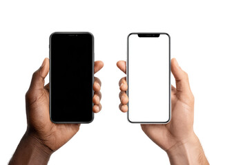 Two hands hold smartphones, one with a black screen, the other with a white screen.  Both phones have similar rectangular frames and are held in a vertical orientation