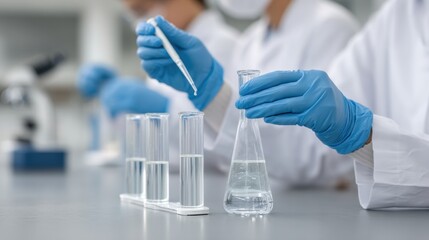 Laboratory Team Conducting Experiments on Semaglutide and Diabetes Research with Test Tubes and Pipettes in Focus