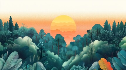 Lush, stylized forest scene at sunset with warm, glowing sun