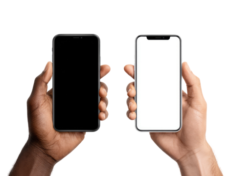 Two hands hold smartphones, one with a black screen, the other with a white screen.  Both phones have similar rectangular frames and are held in a vertical orientation