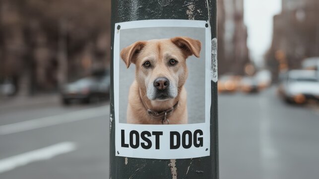 Emotional Lost Dog Poster Taped to Lamppost in Urban Background with Soft Natural Lighting and Distracted City Traffic