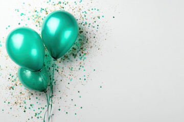 Background with mint green color balloons, sparkle for celebration party. Shiny balloon bunch. Festive white gray plain backdrop. Horizontal banner. Birthday pastel decoration. Space for greeting text