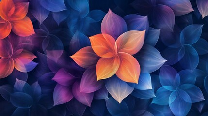 Abstract glowing floral petals in vibrant gradients of orange, pink, and blue