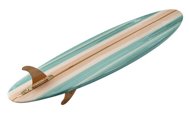 A longboard surfboard, light teal and peach colored, with a fin