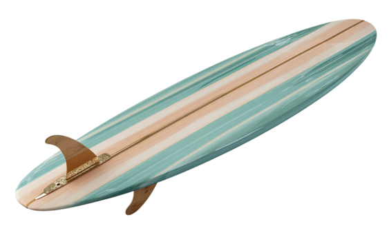 A longboard surfboard, light teal and peach colored, with a fin