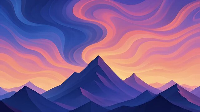 Abstract Mountain Landscape with Wavy, Colorful Aurora Sky Loop