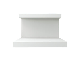 White, rectangular, pedestal-style display platform.  Two tiers.  Empty, blank surface