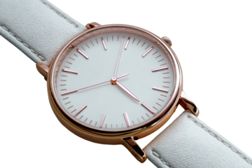 Close-up of a minimalist wristwatch with a white face and rose gold accents