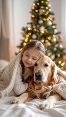 Girl and dog snuggle under blanket near Christmas tree