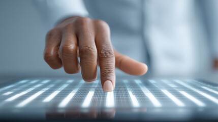 Businessman using analytics software to process financial data on a transparent digital interface in a modern office environment