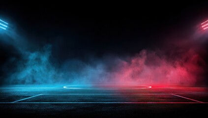 An empty soccer field illuminated by vibrant neon lights creates a dynamic atmosphere. The striking blue and red colors contrast against the black floor, offering a unique backdrop for presentations.