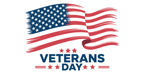 Veterans Day tribute with bold blue text, stylized American flag, and red stars—honoring U.S. military service with patriotic pride