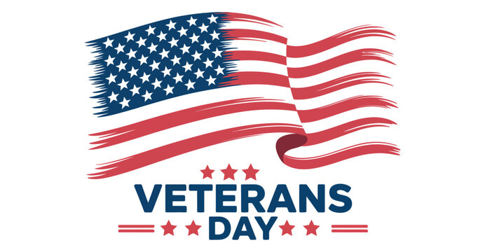 Veterans Day tribute with bold blue text, stylized American flag, and red stars&mdash;honoring U.S. military service with patriotic pride