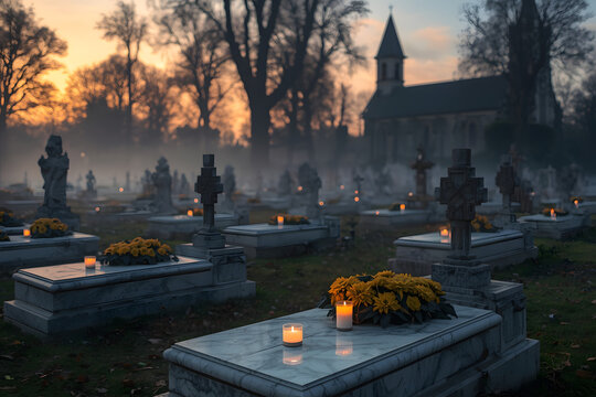 All Souls Day Grave Decorations at Sunrise/Sunset