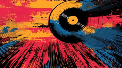 Vibrant abstract art with a vinyl record exploding into colorful paint streaks