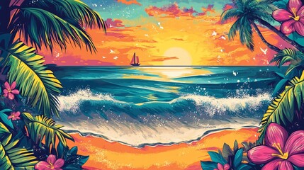 Vibrant tropical sunset over ocean with palm trees, flowers, and sailboat