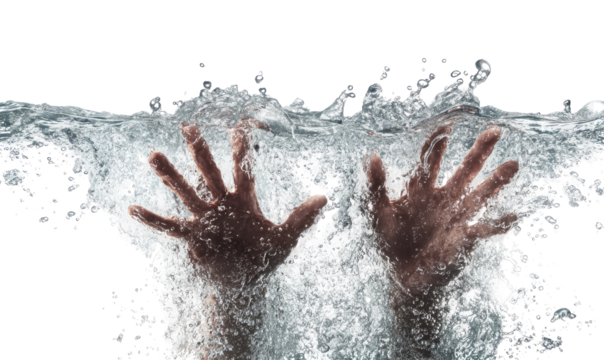 Hands struggling in a turbulent water splash