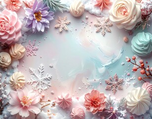Generated image　パステルカラーの花と雪のファンタジー背景