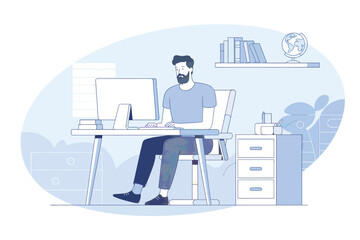 Man working at desk with computer in modern office illustration digital art