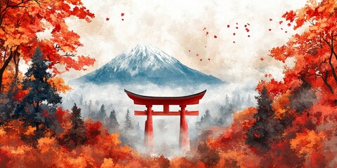 Majestic peak behind a red torii gate amidst vibrant autumn foliage