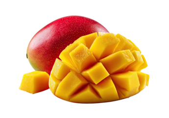 Juicy mango halves, vibrant red and yellow