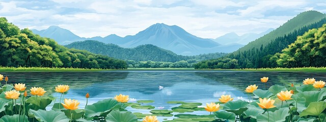 Serene lake reflects mountains, lush forests, and vibrant yellow water lilies under a cloudy sky