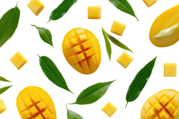 Mango slices and leaves scattered on black