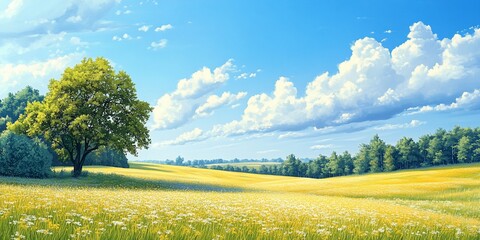 Vast sunny meadow under a bright blue sky with fluffy clouds