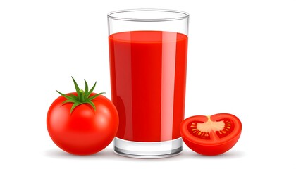 Glass of tomato juice next to whole and halved tomatoes