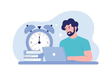 Man working on laptop next to alarm clock emphasizing time management and productivity concepts