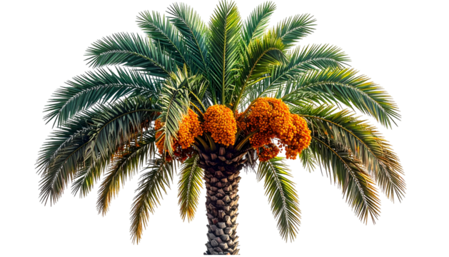 A vibrant, detailed shot of a palm tree with orange dates, set against a black background