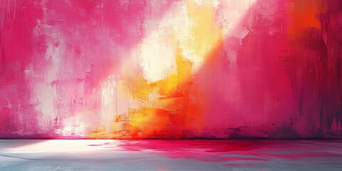Abstract textured wall with vibrant pink, orange, and yellow hues, illuminated by dramatic lighting