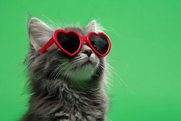 Cute fluffy kitten with heart shaped sunglasses on green background. Tabby happy cat with red heart eyeglasses. Pet party. Valentines Day. Love kitten cat wearing red heart shape glasses isolated