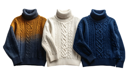 Three cable-knit turtleneck sweaters in warm hues against a black background