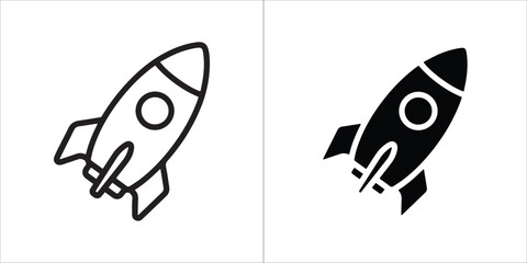 Simple black and white icon of a rocket ship, isolated on a white background, representing space travel, exploration, and innovation